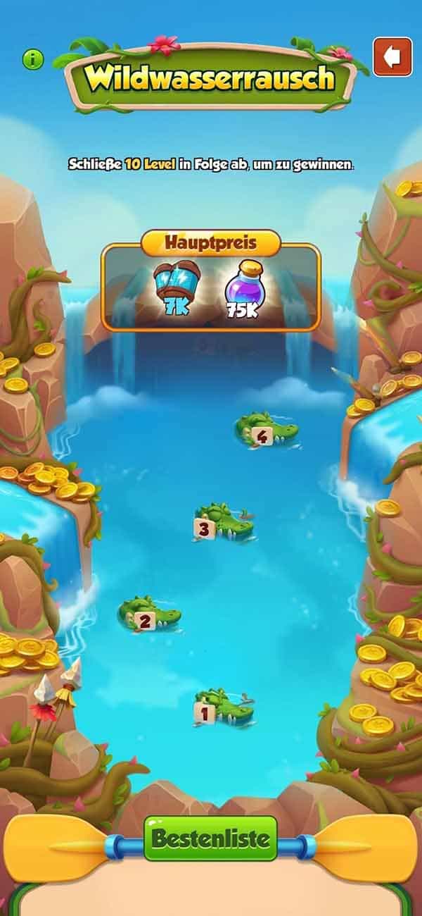 Vorschau auf das Wildwasserrausch Event in Coin Master mit Spins und Juwelen Belohnungen